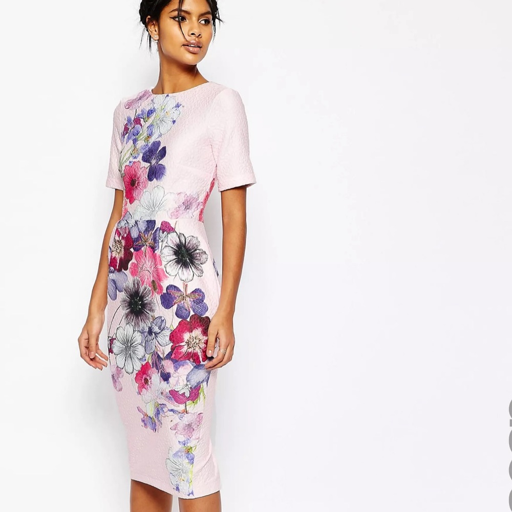 ASOS Textured Wiggle Dress In Placement Floral Print